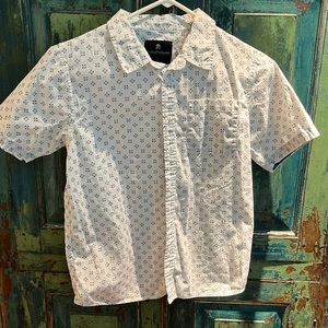 Shouthouse- button down white shirt with navy pattern. Youth L